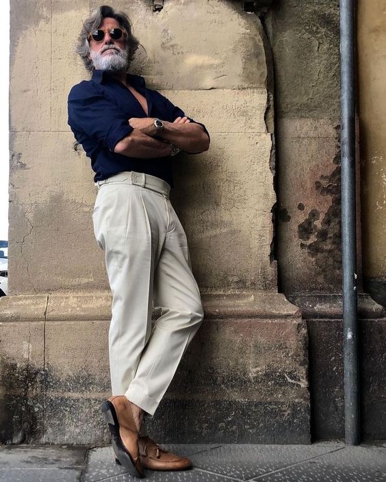 Navy Blue Shirt with Cream Linen pants and Brown Loafers 